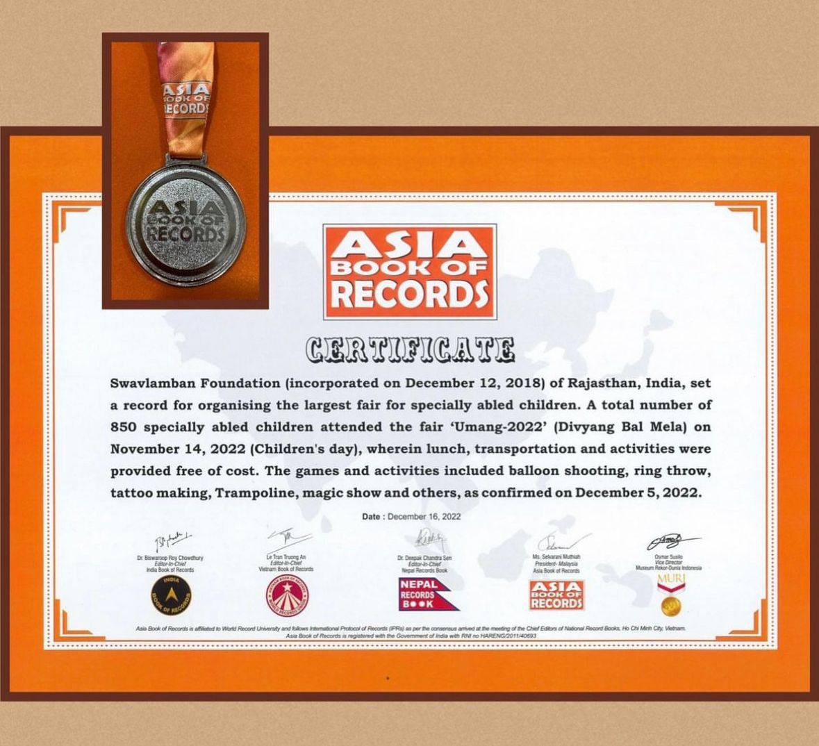 Asia Book of Records certificate for UMANG children fair