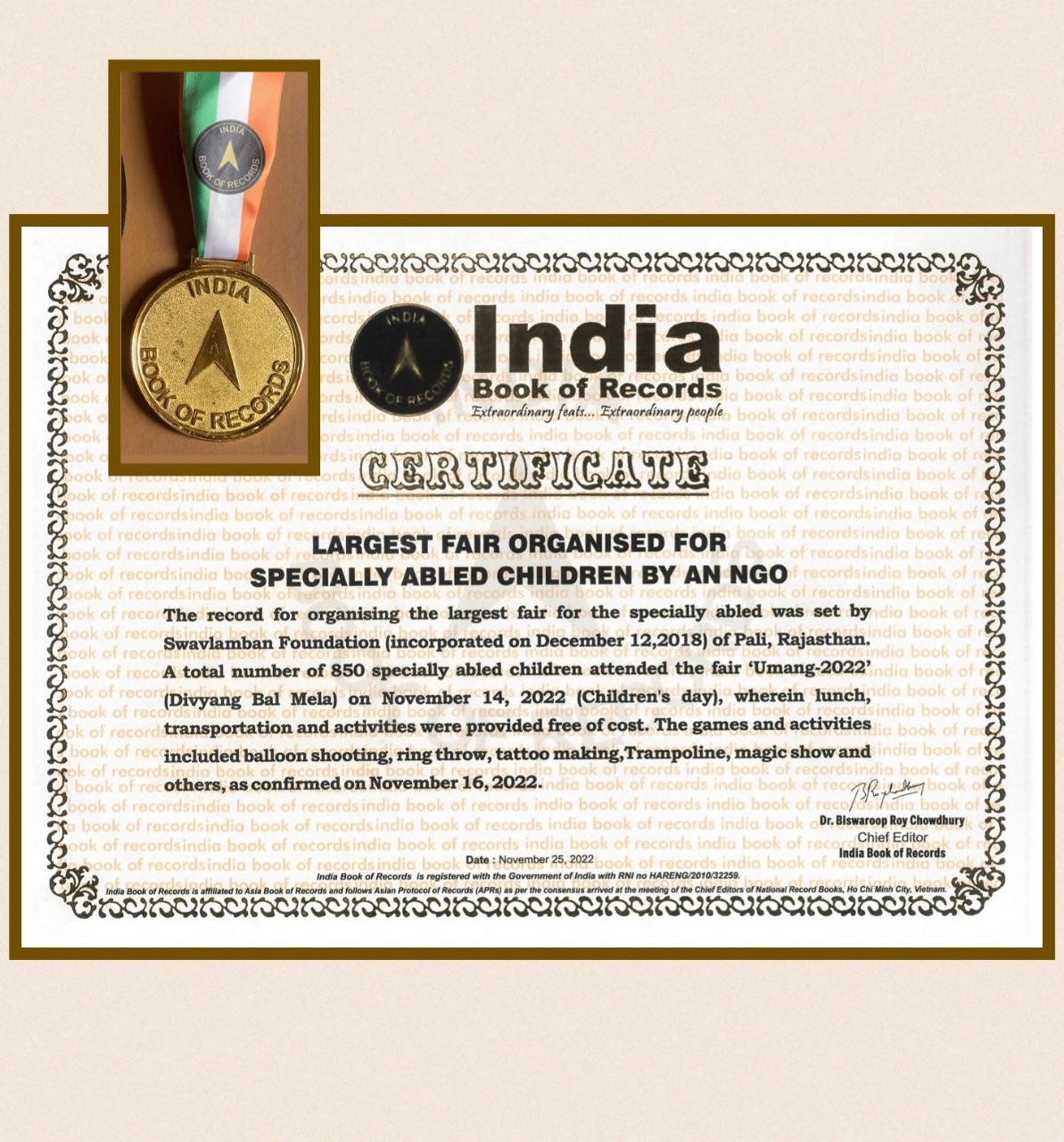 India Book of Records certificate for UMANG children fair