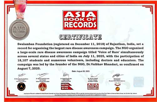 Asia Book of Records certificate for Voice For Rare awareness campaign