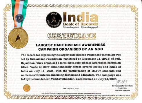 India Book of Records certificate for Voice For Rare awareness campaign